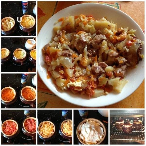 Три запечённых блюда в горшочках: картофель с рисом, с овощами и вкусная тушеная картошка